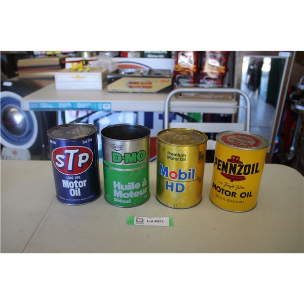 (4) Oil cans - STP, Co-Op D-MO, Mobil HD, Pennzoil