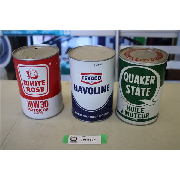 (3) Oil Cans - White Rose 10W30, Texaco Havoline, Quakerstate