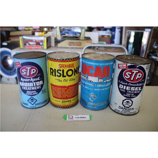 (4) FULL oil cans - STP Radiator, Shaler Rislone, Ucar Antifreeze, STP Diesel Treatment