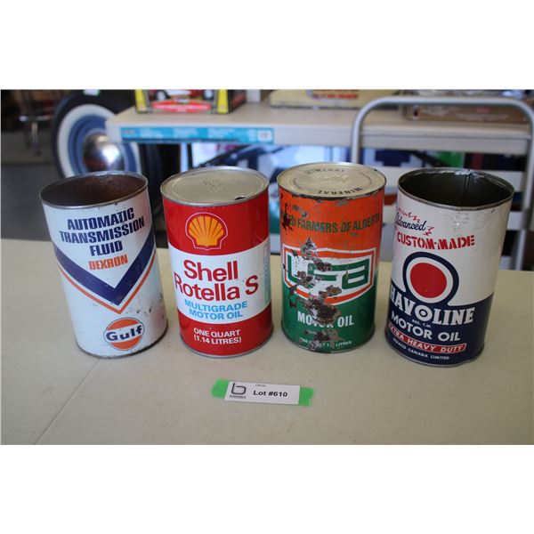 (4) Oil can - Gulf ATF, Shell Rotella S, UFA, Texaco Havoline