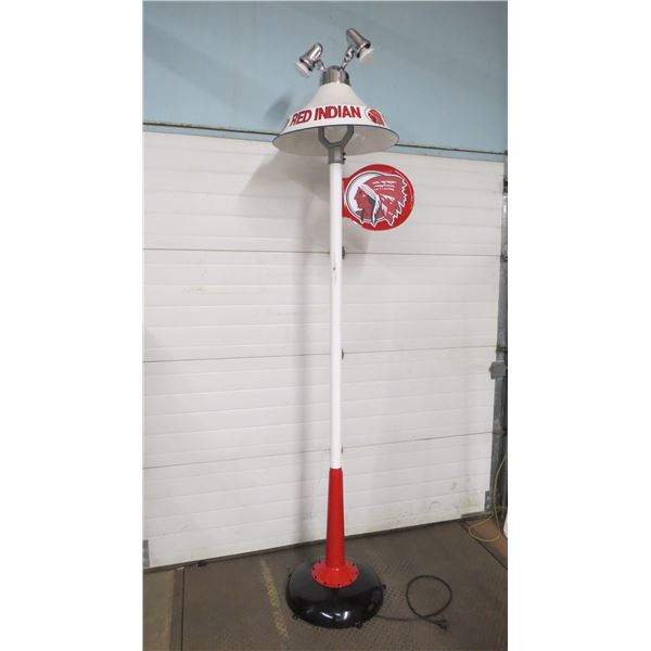 Red Indian Gas Pump Lamp Post - Electric - approx 10ft tall (tin flange + shade by decal)