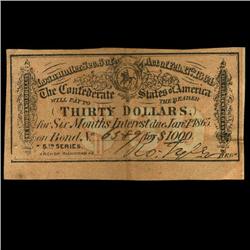 1865 Confederate $30 Bond Coupon EST: $50 - $200 (COI-3085B)