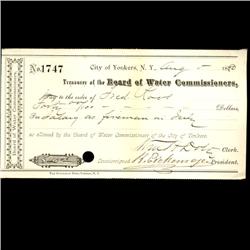 1880 Yonkers NY Water Board Bank Draft EST: $100 - $500 (COI-3264)