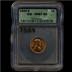 1955S US Lincoln Cent Coin Graded MS67 Red EST: $150 - $500 (COI-3589)