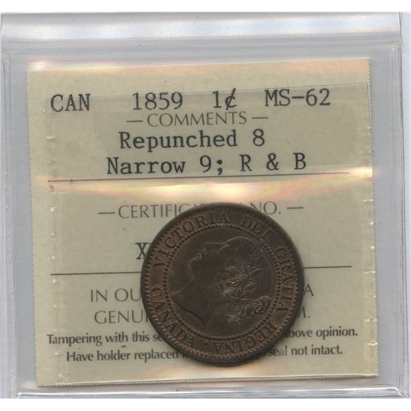 1859 One Cent - Narrow 9 Repunched 8