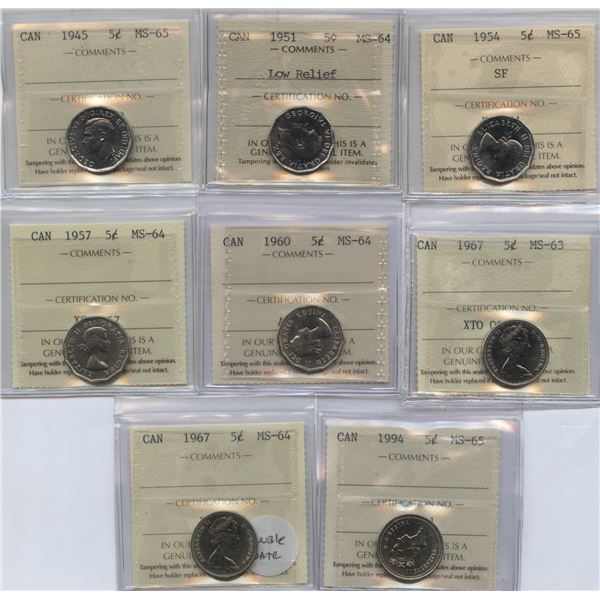 Five Cents - Lot of 8 ICCS Graded Coins