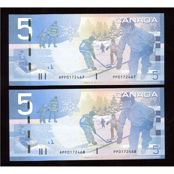 Bank of Canada $5, 2008 - Missing Serial Number Consecutive Pair