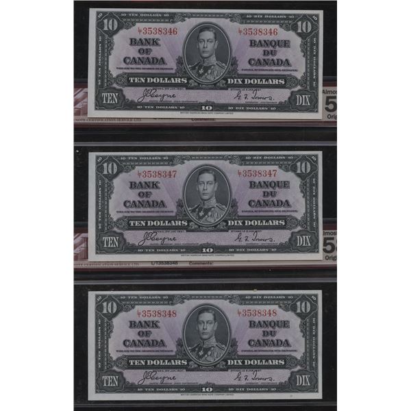 Bank of Canada $10, 1937 - Lot of 3 Consecutives