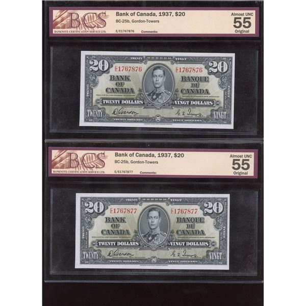 Bank of Canada $20, 1937 - Lot of 2 Consecutives