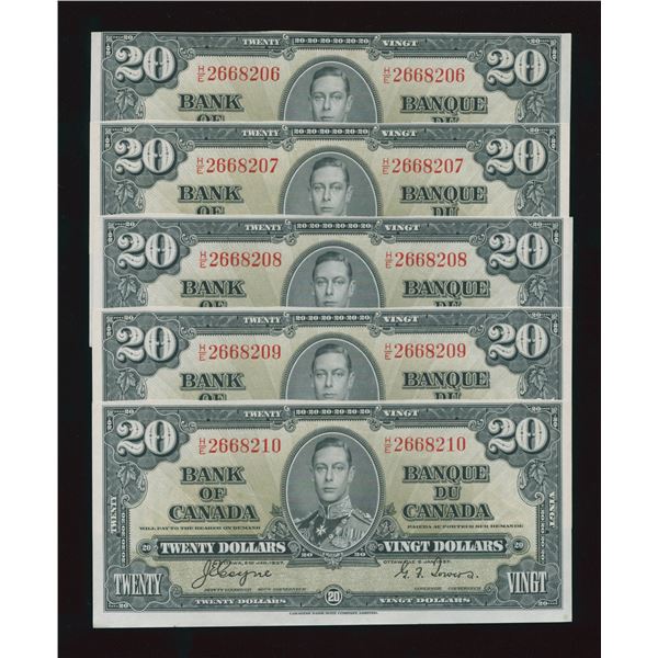 Bank of Canada $20, 1937 - Lot of 5 Consecutives