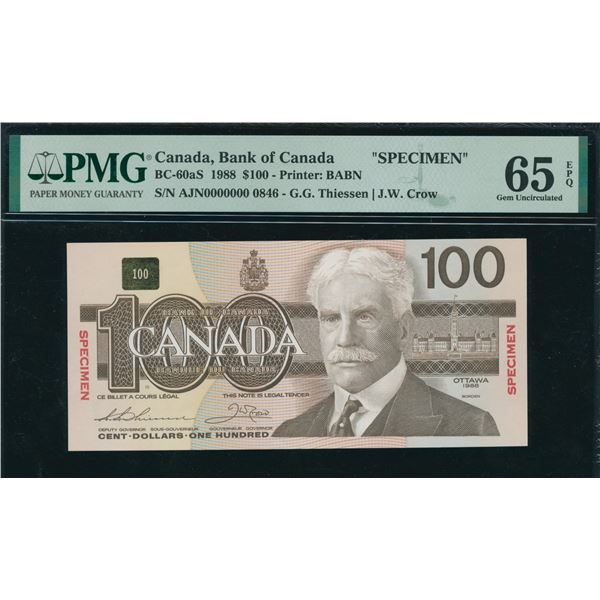 Bank of Canada $100, 1988 - Specimen