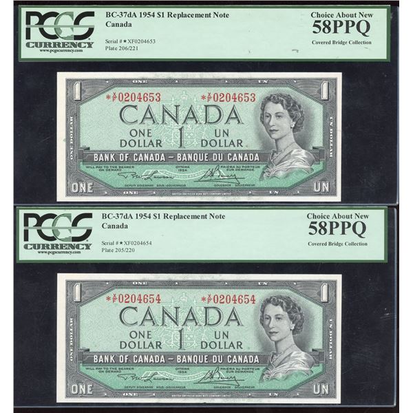 Bank of Canada $1, 1954 - Lot of 2 Consecutive Replacements