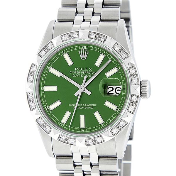 Rolex Mens Stainless Steel 36MM Green Index Pyramid Diamond Datejust Wristwatch