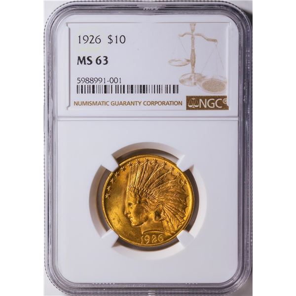 1926 $10 Indian Head Eagle Gold Coin NGC MS63