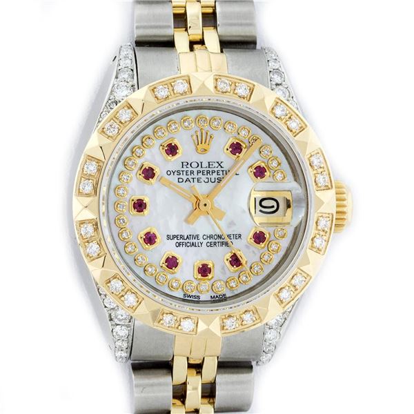 Rolex Ladies 2 Tone MOP Ruby & Pyramid Diamond Lugs Oyster Perpetual Datejust Wr