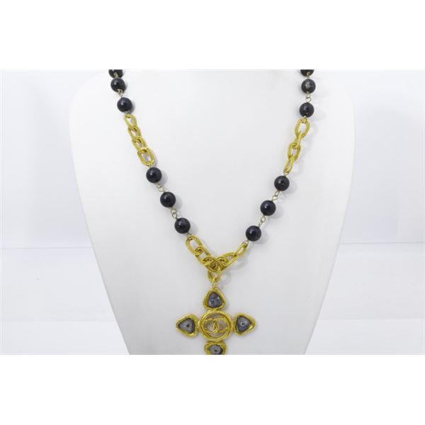 Chanel Gold-tone Chain Black Faux Pearl CC Lab-created Crystal Pendant Necklace