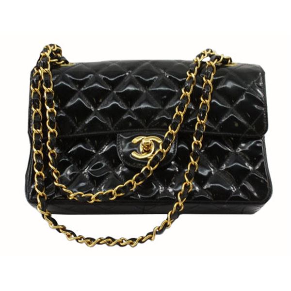 Chanel Black Quilted Patent Leather Small Double Flap Bag