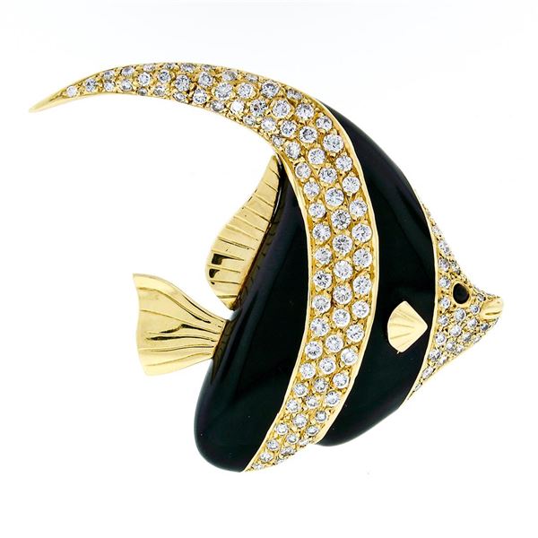 Vintage British 18K Gold 3.42 ctw Diamond & Enamel Moorish Idol Fish Brooch Pin