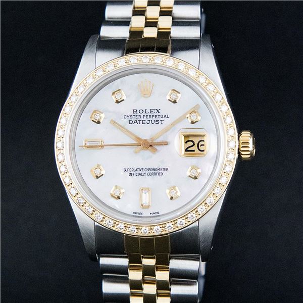 Rolex Mens 2 Tone Mother Of Pearl Baguette Diamond 36 Datejust Wristwatch