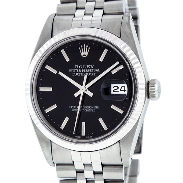 Rolex Mens Stainless Steel Black Index 36mm Oyster Perpetual Datejust Wristwatch