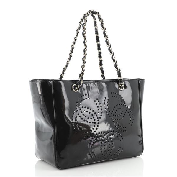 Chanel Black Patent Perforated Leather Triple CC Medium Tote Bag