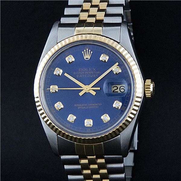 Rolex Mens 2 Tone Blue Diamond 36MM Oyster Perpetual Datejust Wristwatch