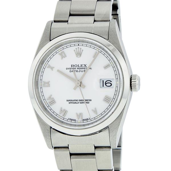 Rolex Mens Stainless Steel White Roman Oyster Band Datejust Wristwatch