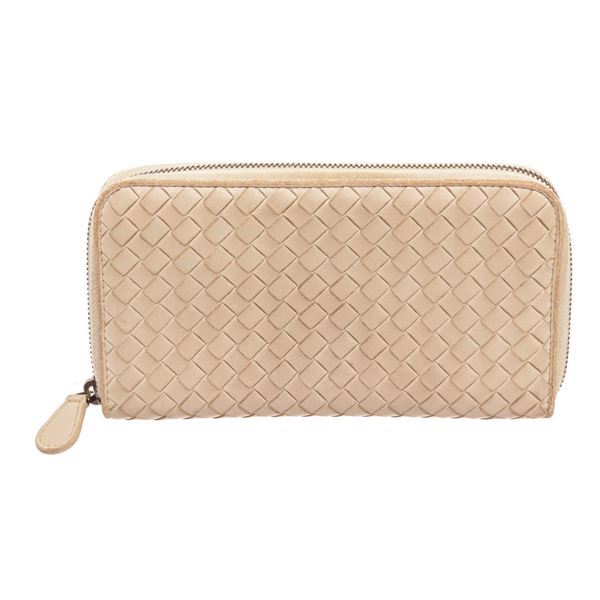 Bottega Venetta Cream Leather Zip Around Wallet