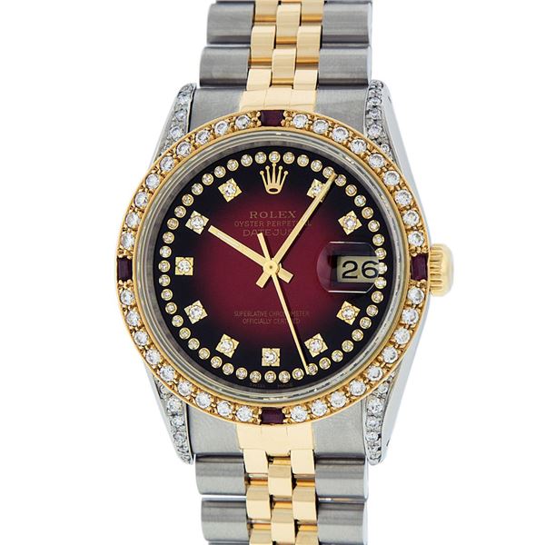 Rolex Mens 2 Tone Lugs Red Vignette Diamond String & Ruby Datejust Wristwatch