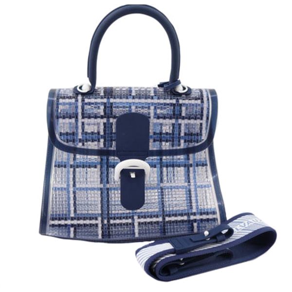 Delvaux Navy Blue Gingham Vinyl PVC Brillant The Dreamer MM Satchel Bag