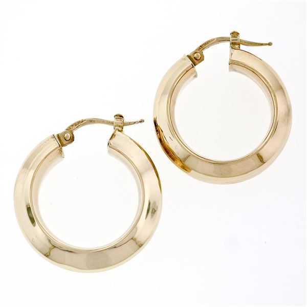 New Italian Simple 14K Yellow Gold Large Wide Grooved Circle Hoop Snap Earrings