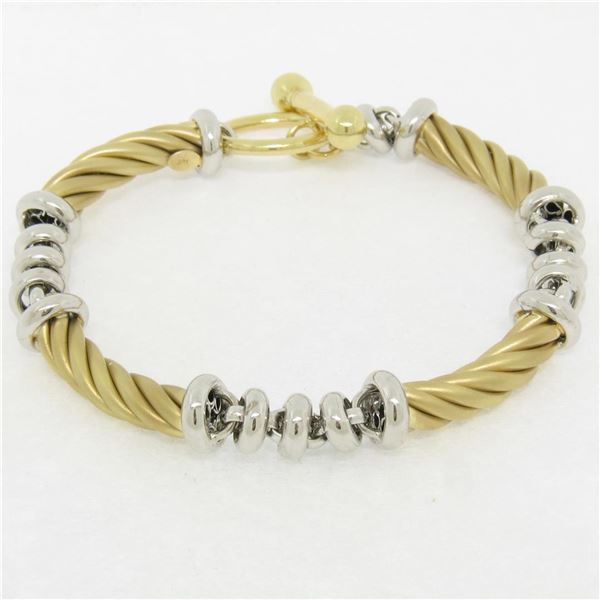 Fancy 14K Yellow & White Gold Twisted Tube Rolo Style Link Chain Toggle Bracelet