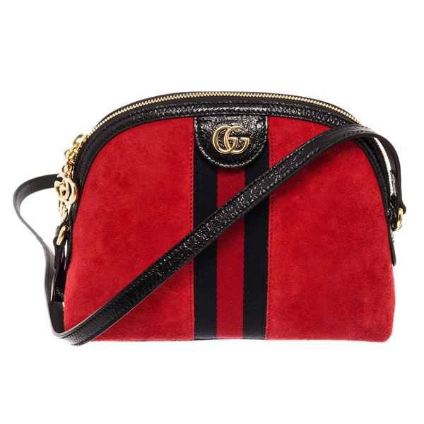 Gucci Red Suede Black Leather Ophidia Dome Shoulder Bag