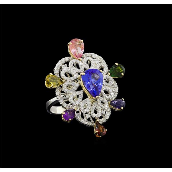 6.40 ctw Multi Gemstone and Diamond Ring - 14KT White And Yellow Gold