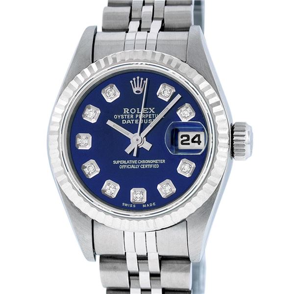 Rolex Ladies Stainless Steel Blue Diamond Quickset Datejust 26mm Wristwatch