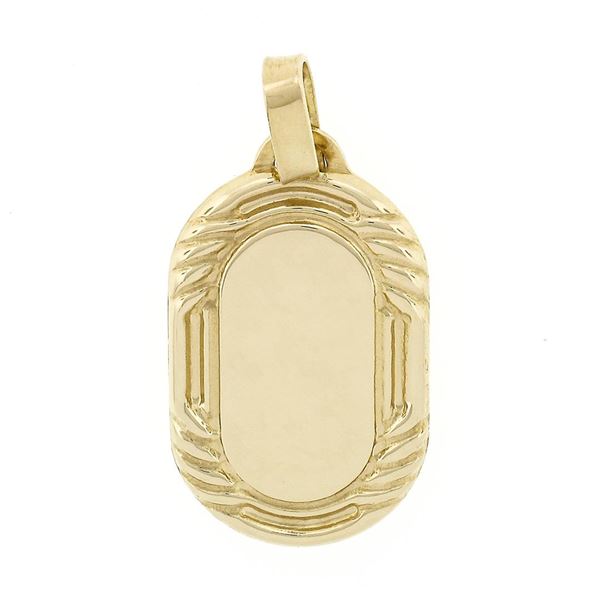 Solid 18k Yellow Gold Simple Engravable Polished Oval Pendant w/ Grooved Frame