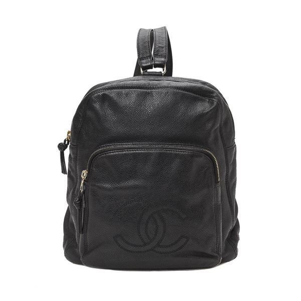 Chanel Black Calfskin Leather CC Caviar Backpack