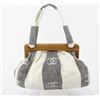 Image 1 : Chanel Grey Ivory Stripes Canvas Wooden Clam Shell Shoulder Bag