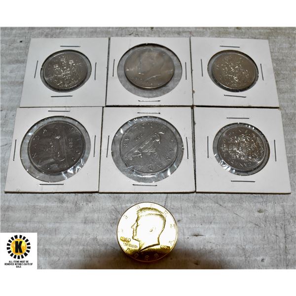 LOT OF 7 OLD CANADA & USA $1 & 50c COINS