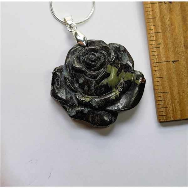 10)  NATURAL BLACK CARVED JASPER ROSE PENDANT