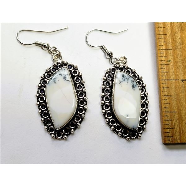 28)  FREE FORM DENDRITIC OPAL DROP EARRINGS