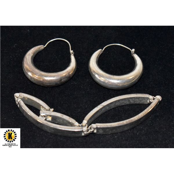 925 SILVER LARGE HOOP EARRINGS &HEAVY BRACELET