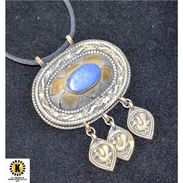 ESTATE SILVER/LAPIS LARGE TURKISH PENDANT NECKLACE