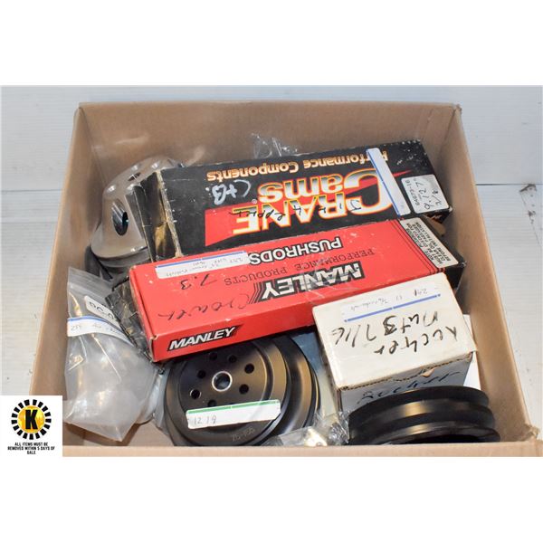 BOX OF ASSORTED PULLEYS, FUEL LOGS, OTHER CAR