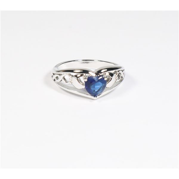 NEW SILVER TONE BLUE HEART GEMSTONE RING