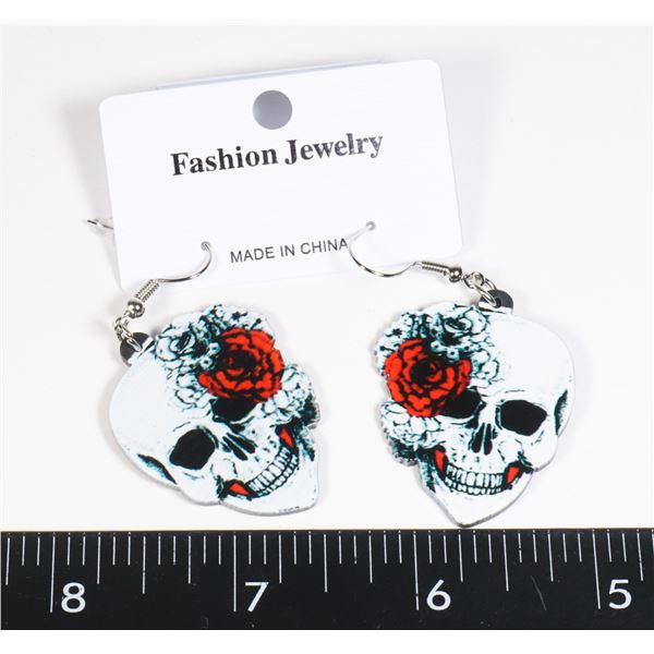 NEW SKULL WITH ROSES THEME DROP EARRINGS