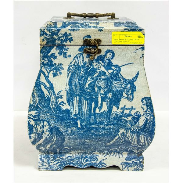BLUE AND WHITE CHEST WITH COUNTRY DESIGN