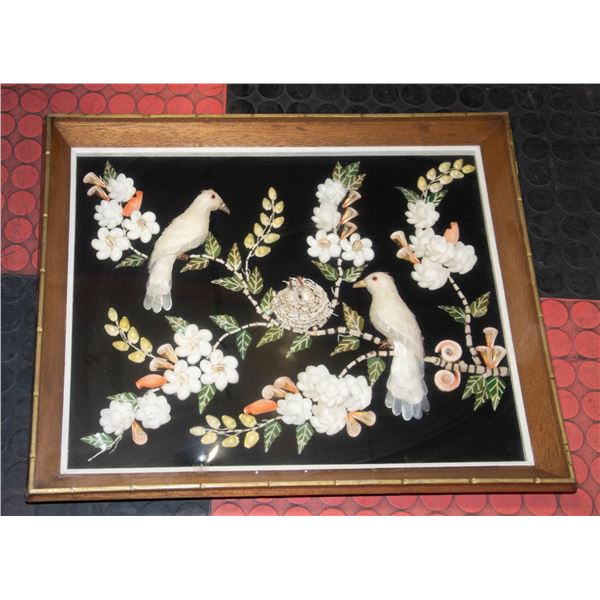 FRAMED SHELL ART BIRDS FLOWERS