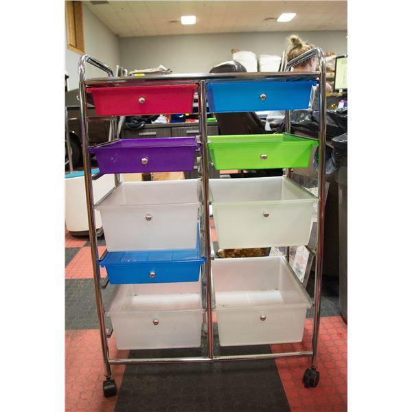 METAL STORAGE UNIT, 9 PULLOUT DRAWERS ON ROLLERS