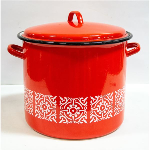 ANTIQUE RED ENAMEL COOKING POT WITH LID